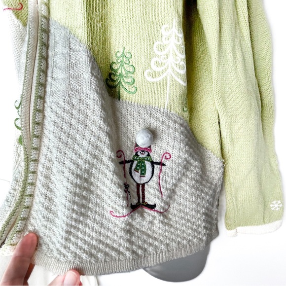 Christopher & Banks Green White Snowmen Skiing Full Zip Christmas Sweater Large - Picture 3 of 10